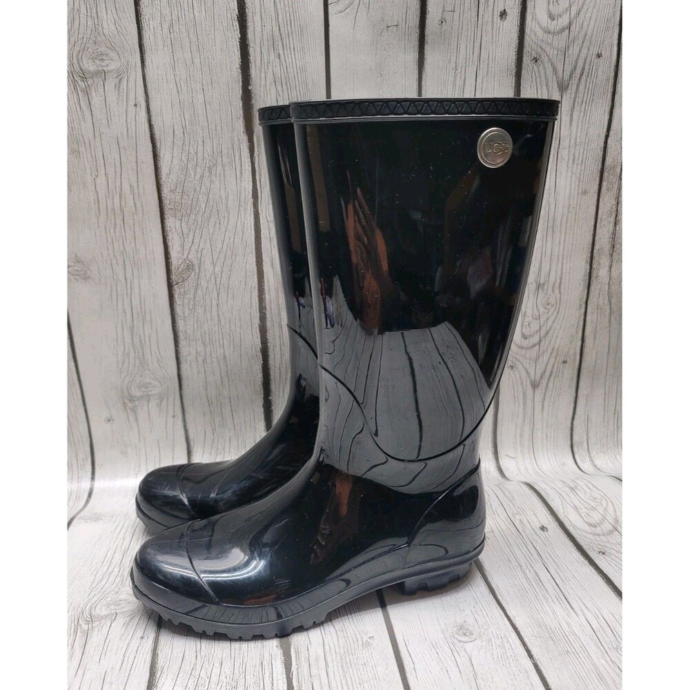 UGG Shaye Women's 8 Rain Boots Waterproof Black Rubber Shiny Glossy